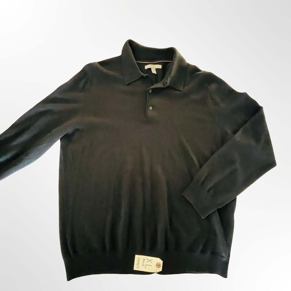 Nordstrom Mens XL Black 100% Extra Fine Merino Wool Long Sleeve Polo Sweater