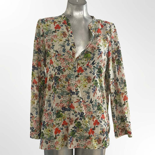 Zara Woman Long Sleeve Floral Print Split Neck Blouse