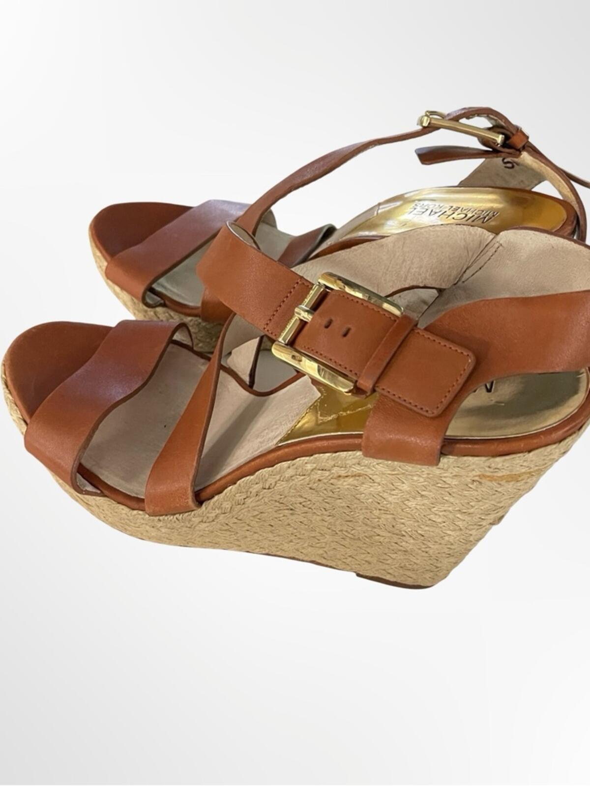 Michael Kors Brown Leather Espadrille Wedge Sandals in 10