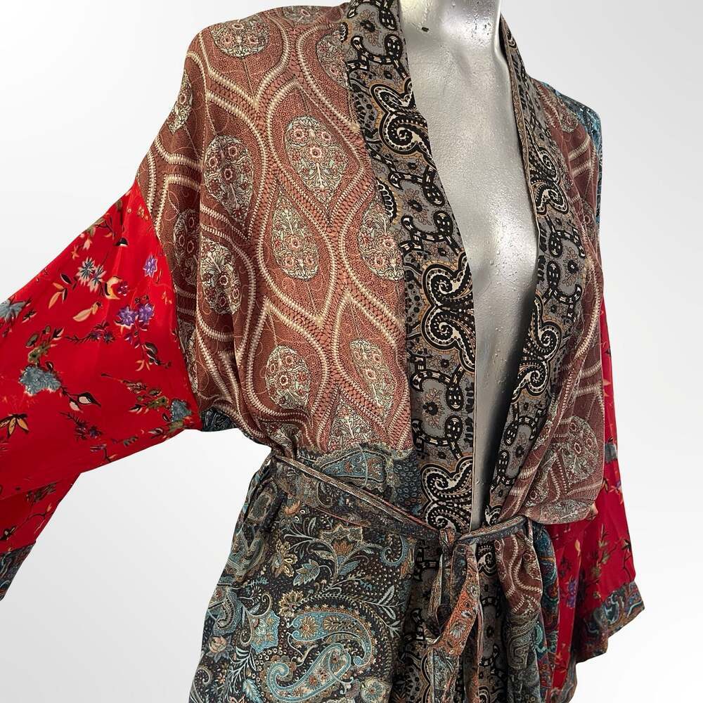 Vintage Upcycled Patchwork Silk Sari Kimono Robe with Belt