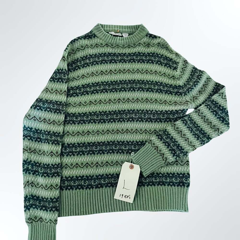 Vintage Landmark 1980s Fair Isle Pattern Acrylic Crewneck Sweater Green Size L