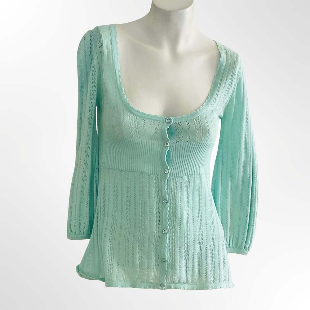 Halogen Women's Mint Green Pointelle Knit Button-Up Cardigan Sweater