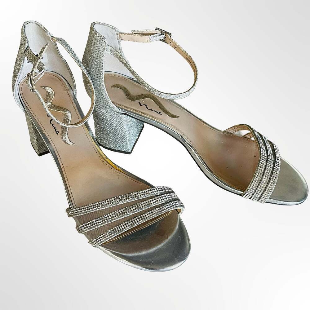 Nina Nagida Silver Glitter Rhinestone Block Heel Sandals