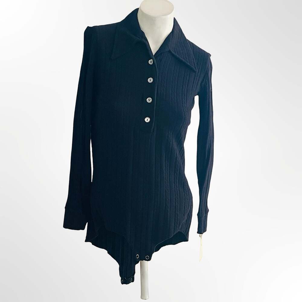 Vintage Black Ribbed Knit Long Sleeve Polo Collar Bodysuit