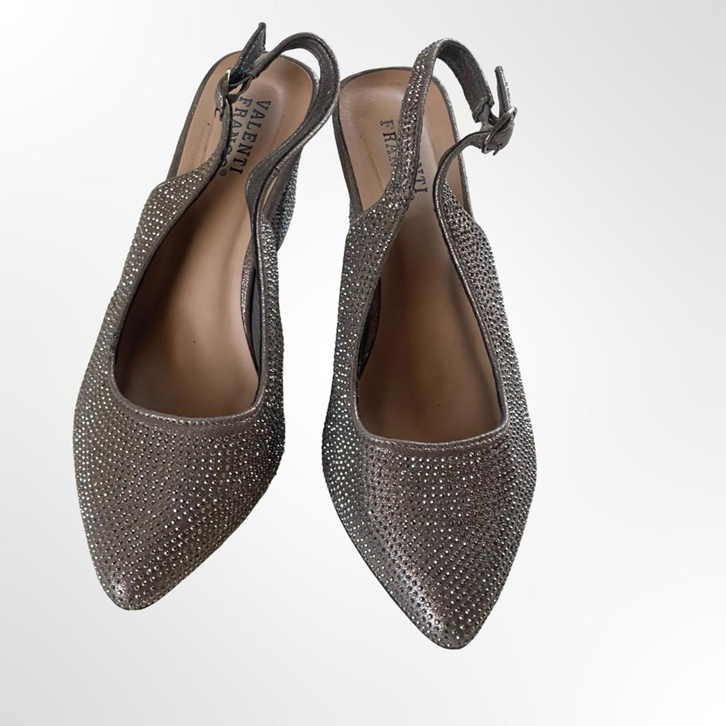 Valenti Franco Silver Rhinestone Slingback Block Heels - 7.5