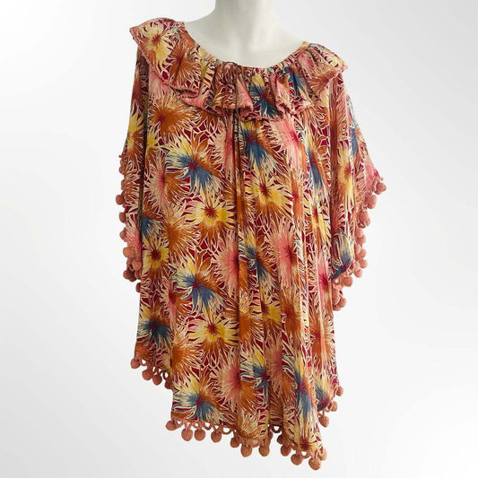 Tropical Sunburst Print Ruffle Pom Pom Poncho Cover-Up