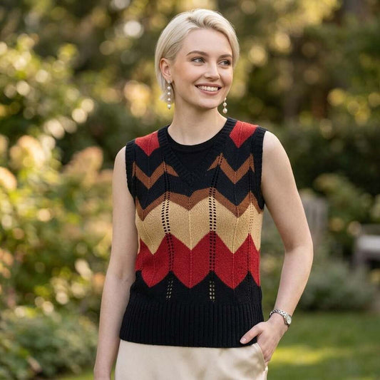 Vintage 1970s Montage V-Neck Chevron Striped Knit Sweater Vest Medium