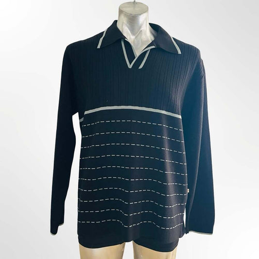 Full Circle Black and Grey Striped Knit Long Sleeve Polo Sweater