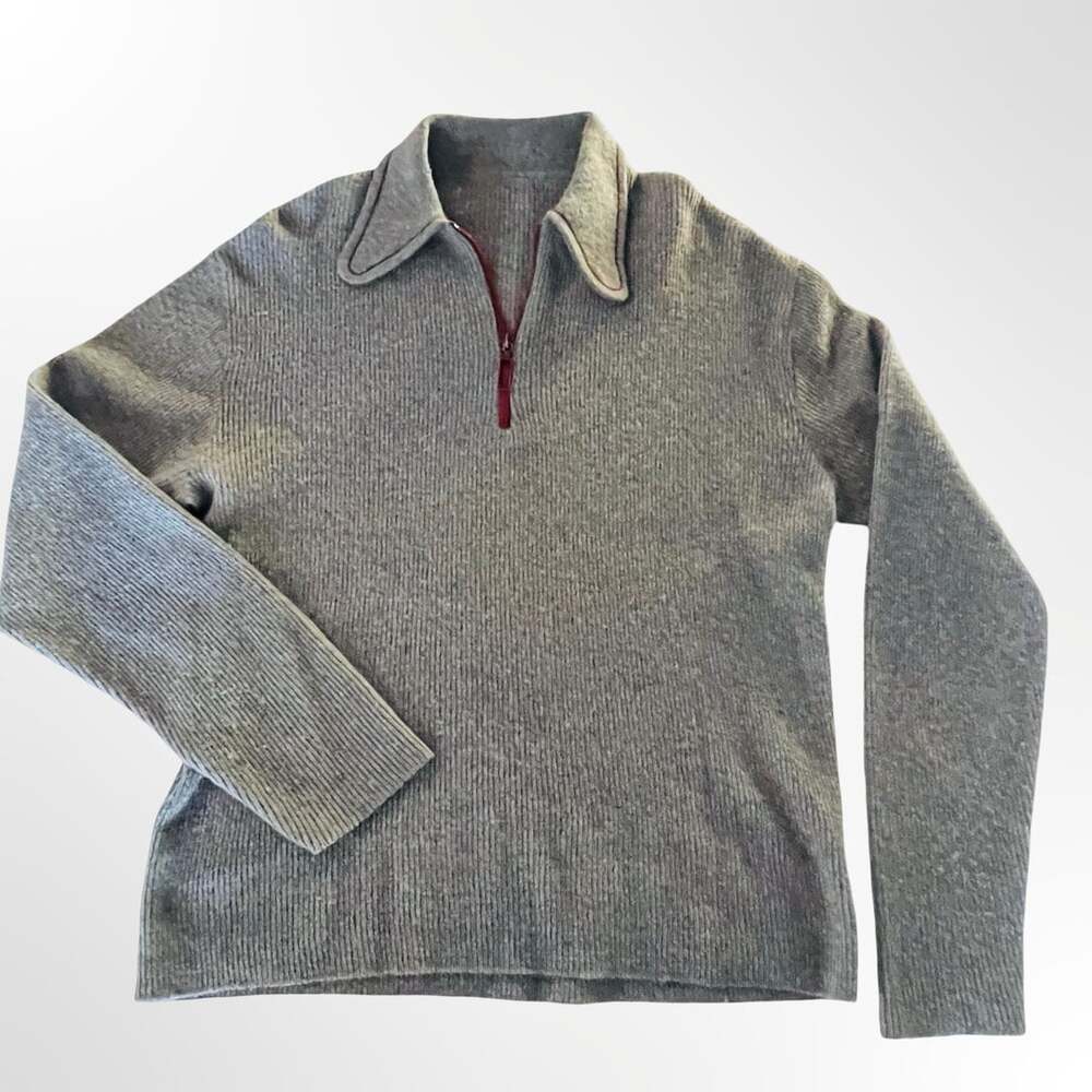 Gray Ribbed Half-Zip Sweater with Contrast Red Trim Lapel Collar