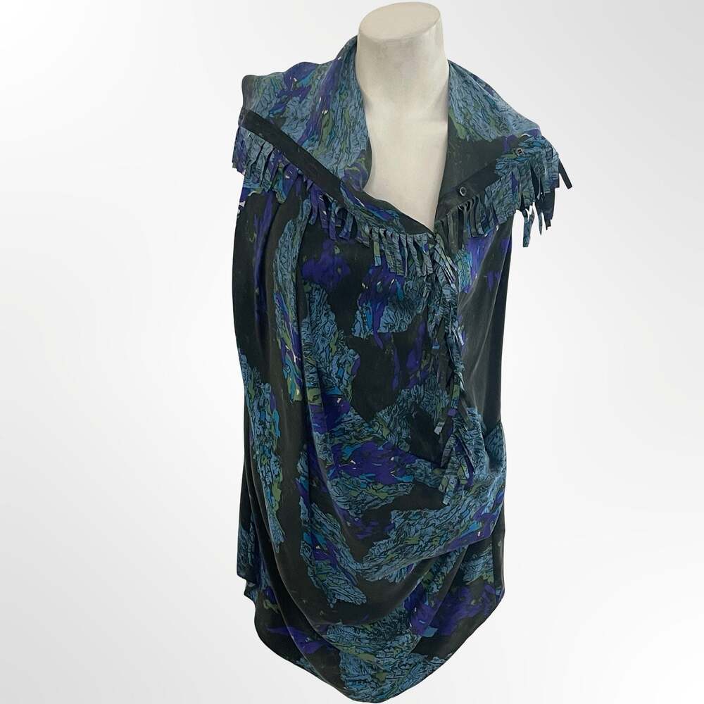 Edun 100% Silk Abstract Print Sleeveless Fringed Top