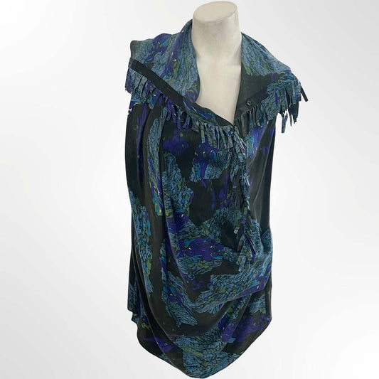 Edun 100% Silk Abstract Print Sleeveless Fringed Top