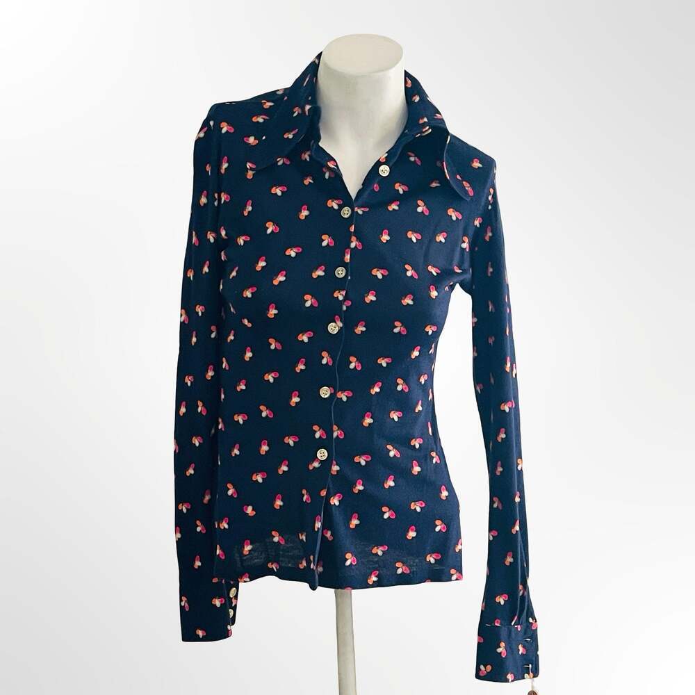 Vintage 1970s Midi-Textile Bullock's Navy Blue Print Button-Down Shirt
