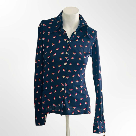 Vintage 1970s Midi-Textile Bullock's Navy Blue Print Button-Down Shirt