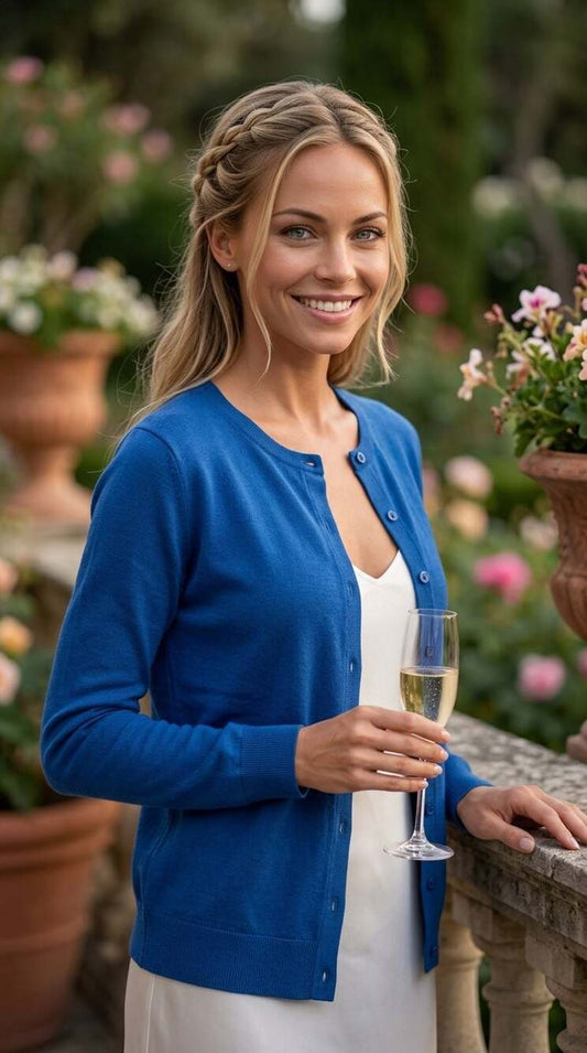 August Silk Classic Royal Blue Crew Neck Cardigan Sweater