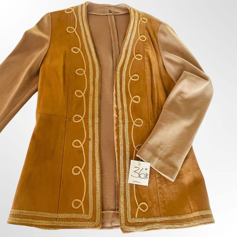 Vintage 70s Suede Leather Blazer with Soutache Embroidery & Contrast Sleeves