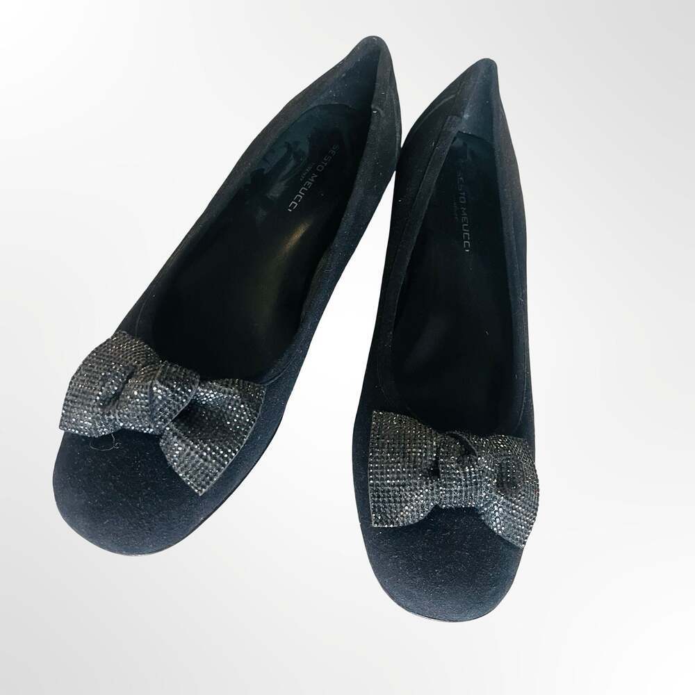 Sesto Meucci Firenze Black Suede Block Heel Pumps with Crystal Bow Detail