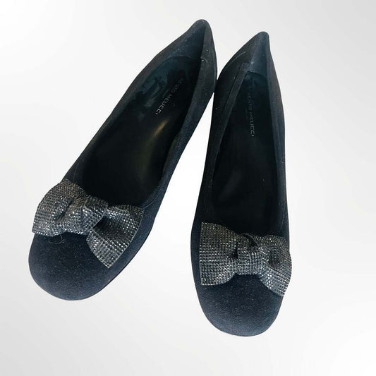 Sesto Meucci Firenze Black Suede Block Heel Pumps with Crystal Bow Detail
