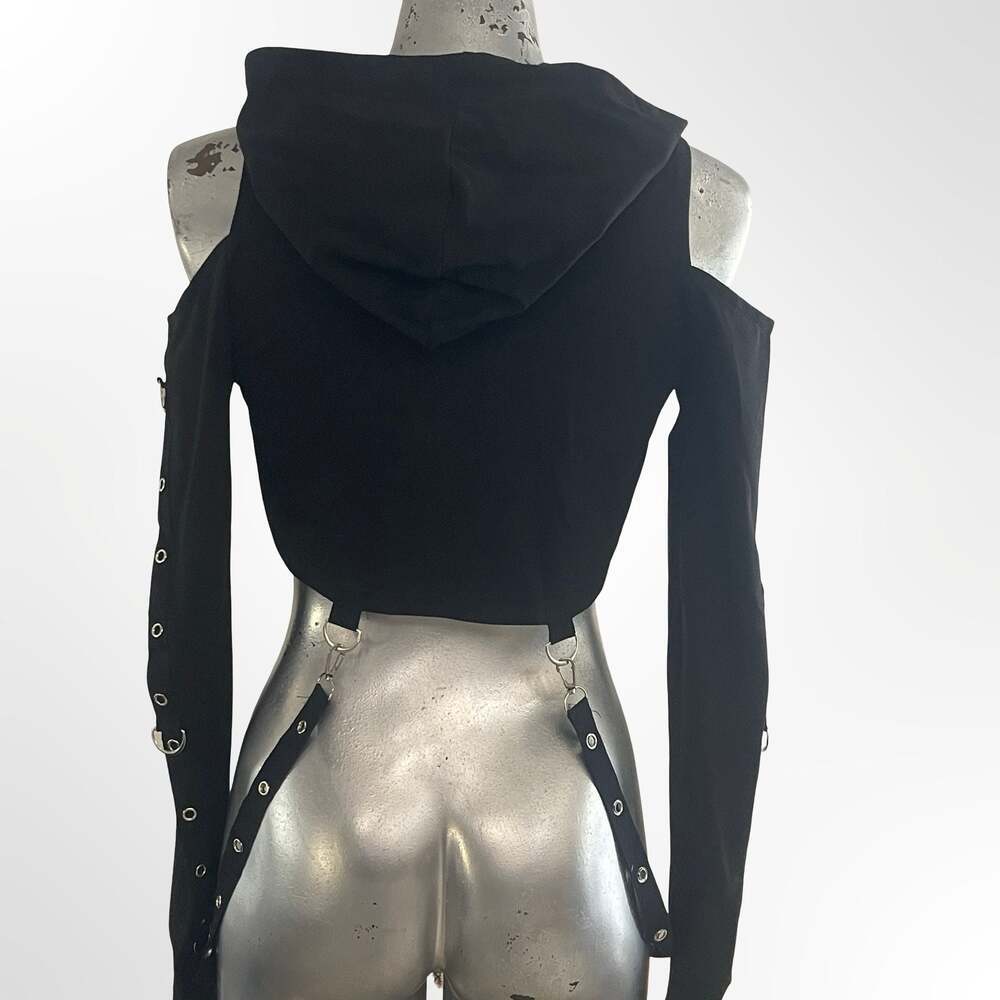 Gothic Punk Cold Shoulder Long Sleeve Crop Hoodie with Grommet Strap Detail