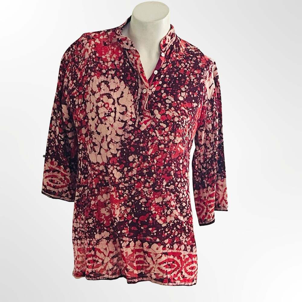 Vintage Hand Crafted Red Burgundy Batik Printed 100% Cotton Tunic Top Blouse