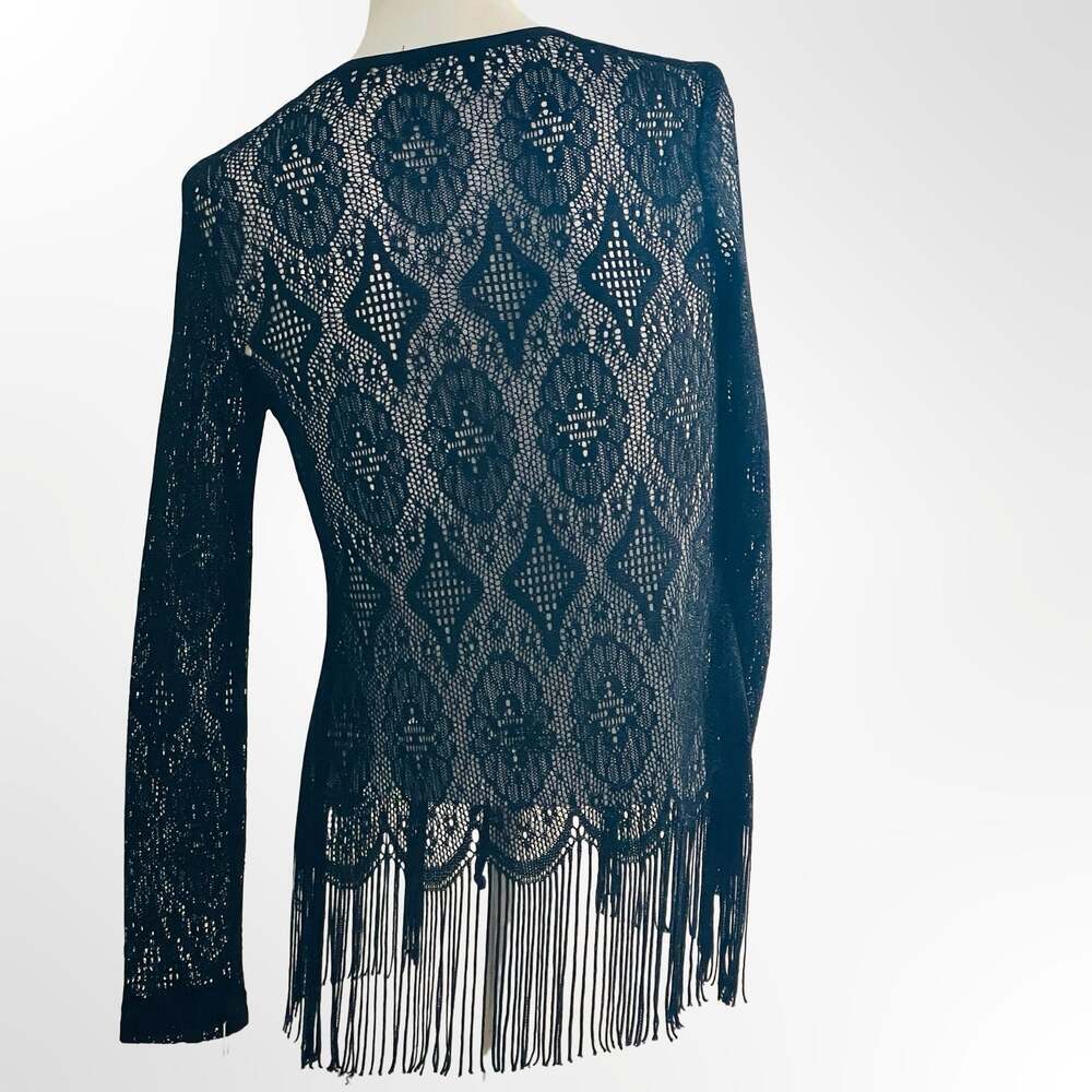 Black Lace Open Front Cardigan with Fringes and Tie Closure