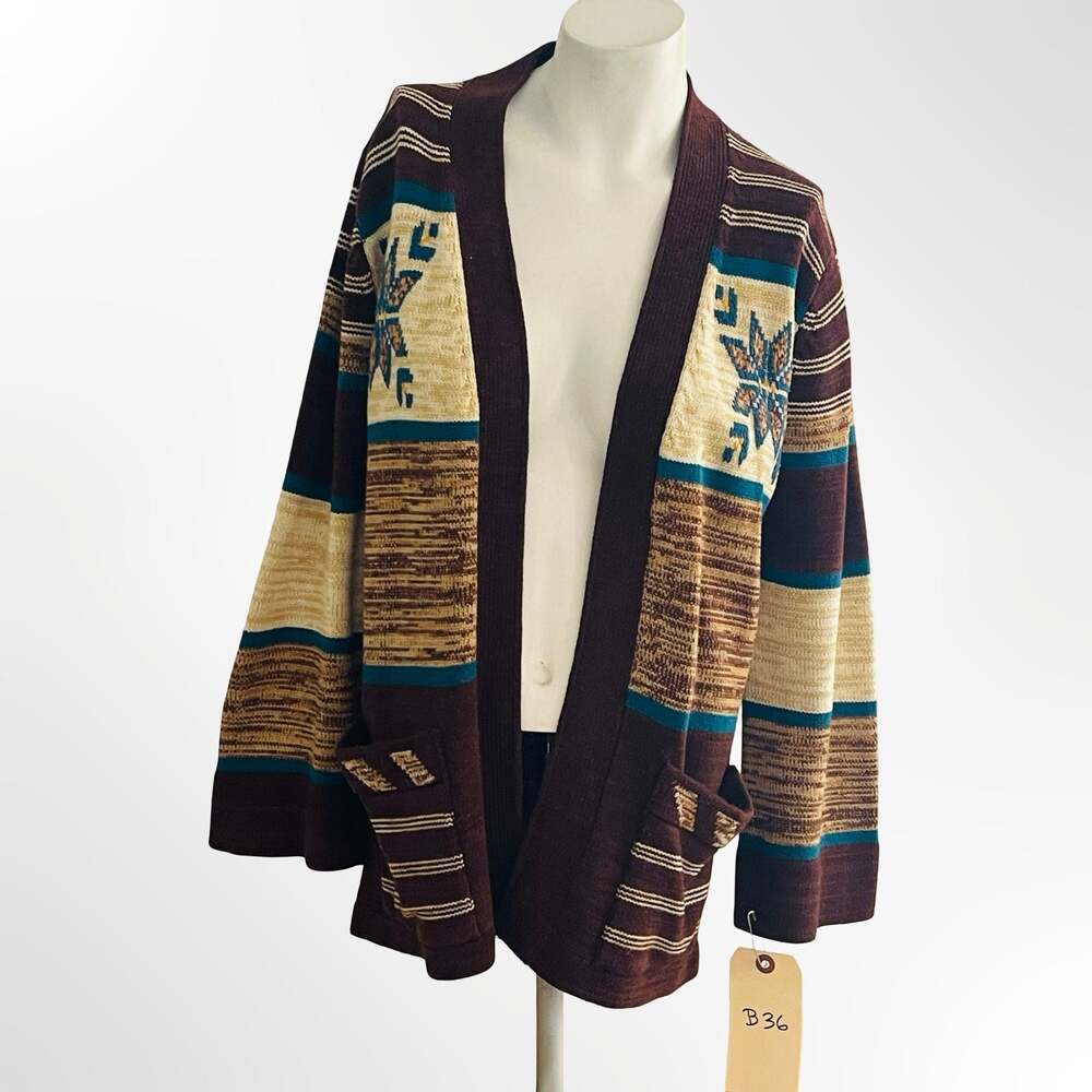 Monarch Knits Vintage Aztec Pattern Open Front Cardigan Sweater