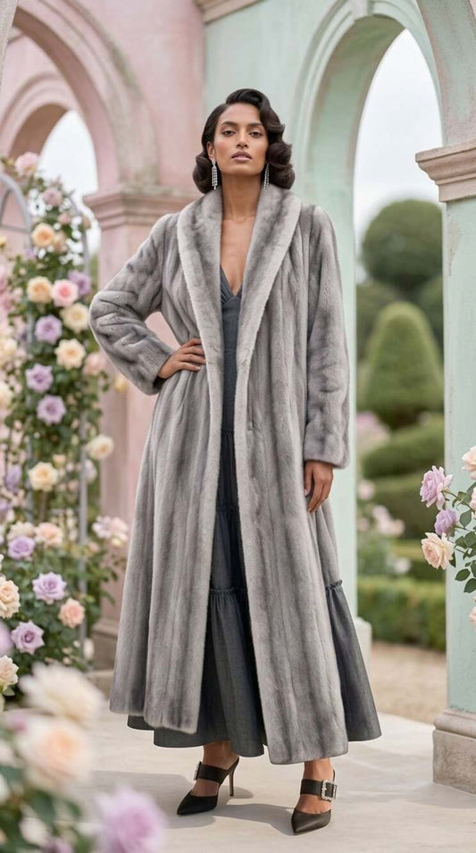 Vintage La France Roma Simulated Fur Long Coat Shawl Collar Blue Gray