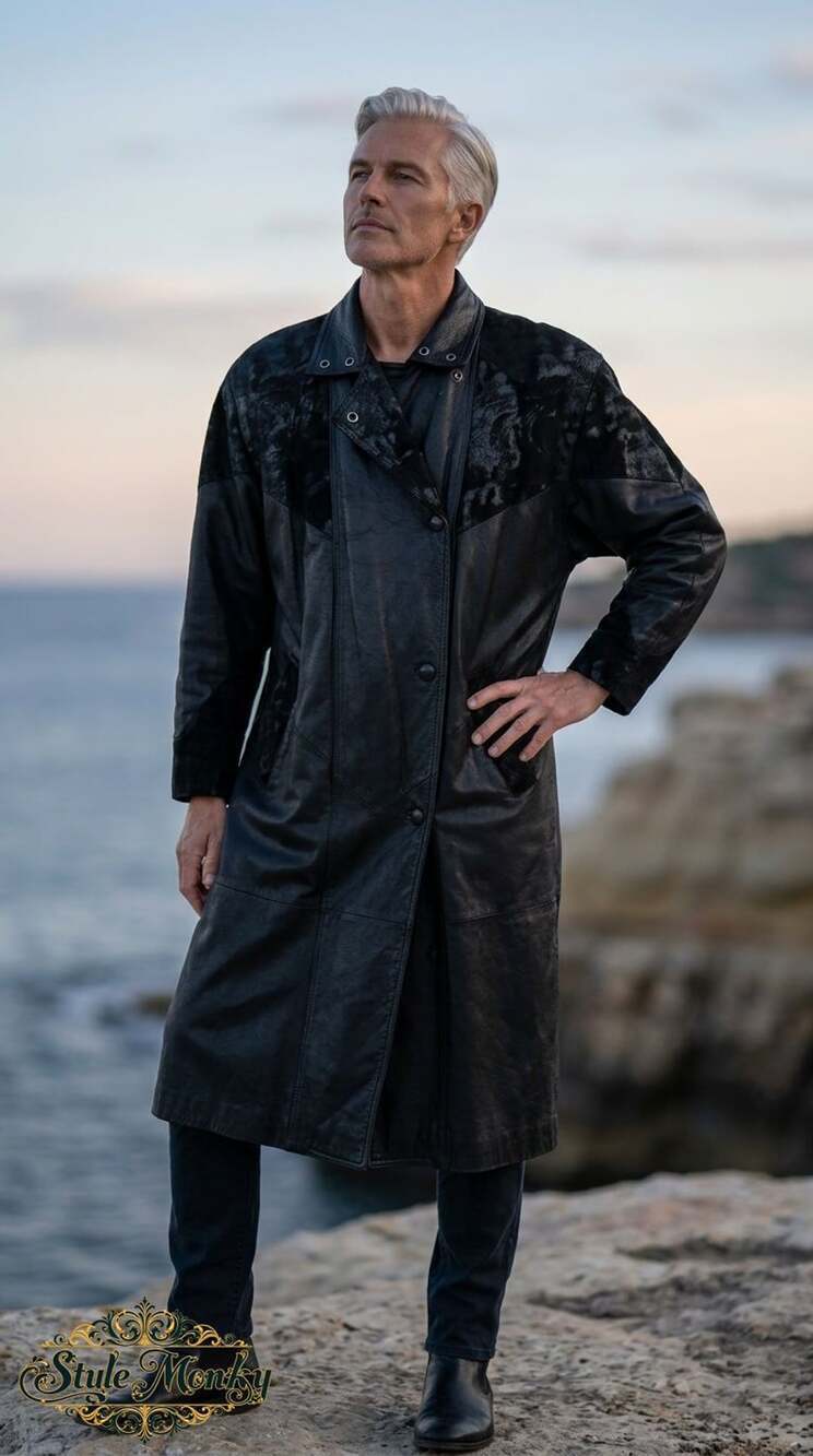 Pelle Studio Black Leather Long Trench Coat with Snakeskin Textured  Panels
