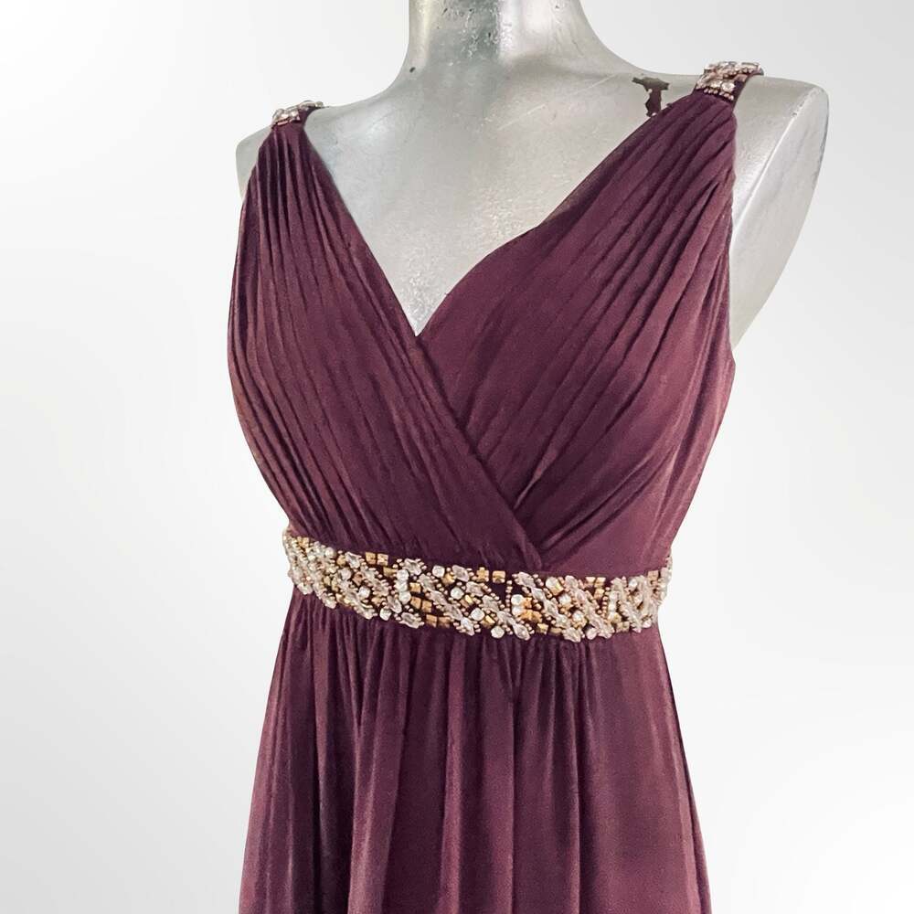 Calvin Klein Sleeveless V-Neck Pleated Chiffon Evening Gown w Crystal Waist det