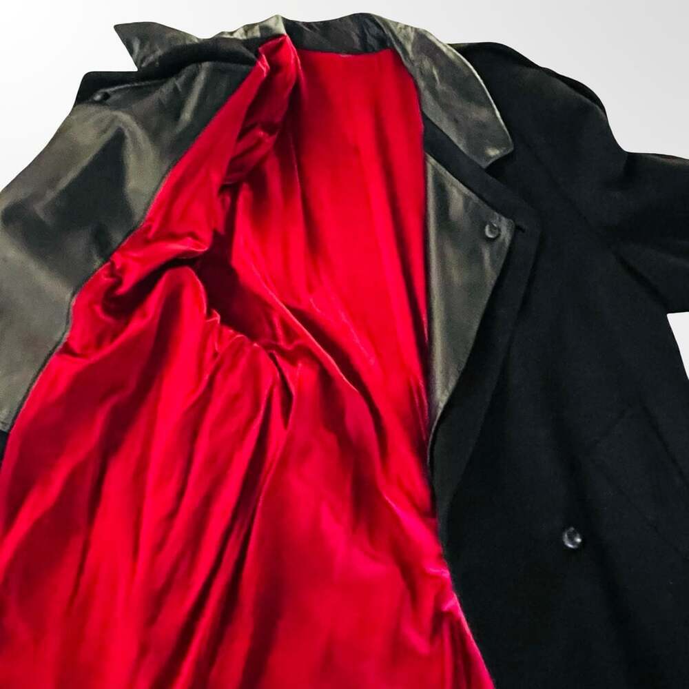 Vintage Black Wool Long Trench Coat with Leather Trim and Red Lining