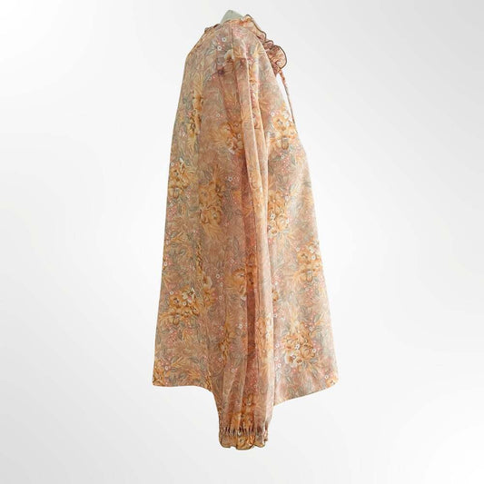 Vintage 1970s Floral Long Sleeve Boho Blouse Ruffle Collar Size 16 Peach