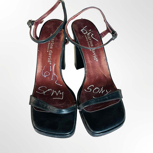 Charles David by Nathalie M Black Leather Square Toe Block Heel Sandals