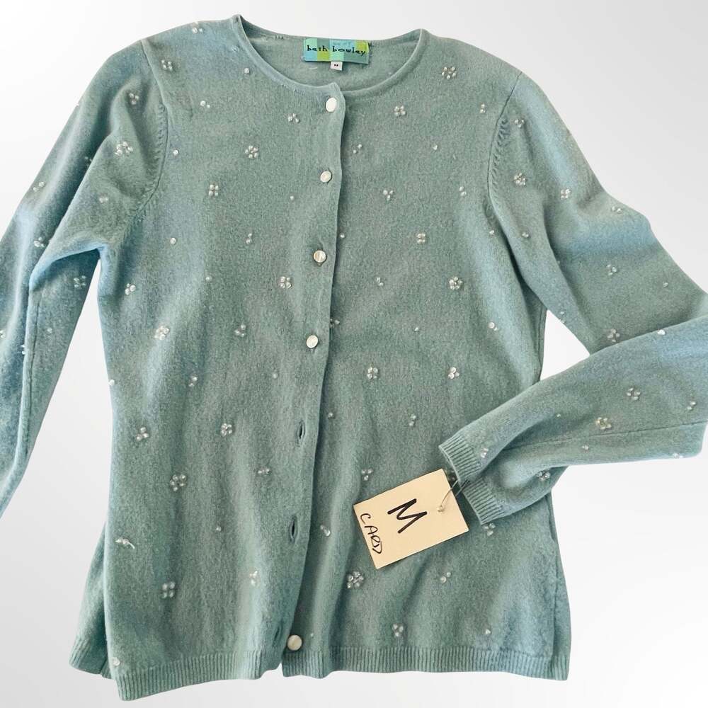 Beth Bowley Light Blue Beaded Floral Cardigan Sweater Size M