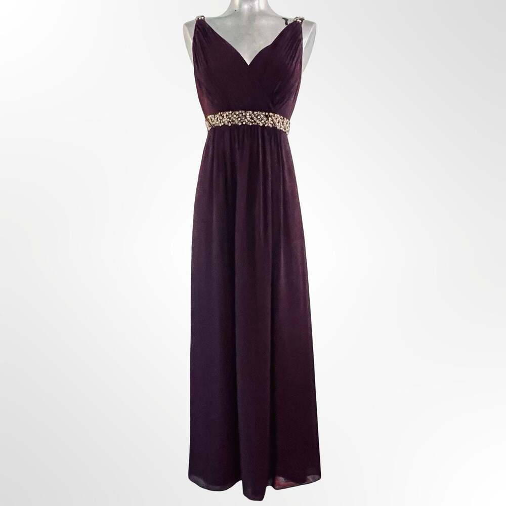 Calvin Klein Sleeveless V-Neck Pleated Chiffon Evening Gown w Crystal Waist det