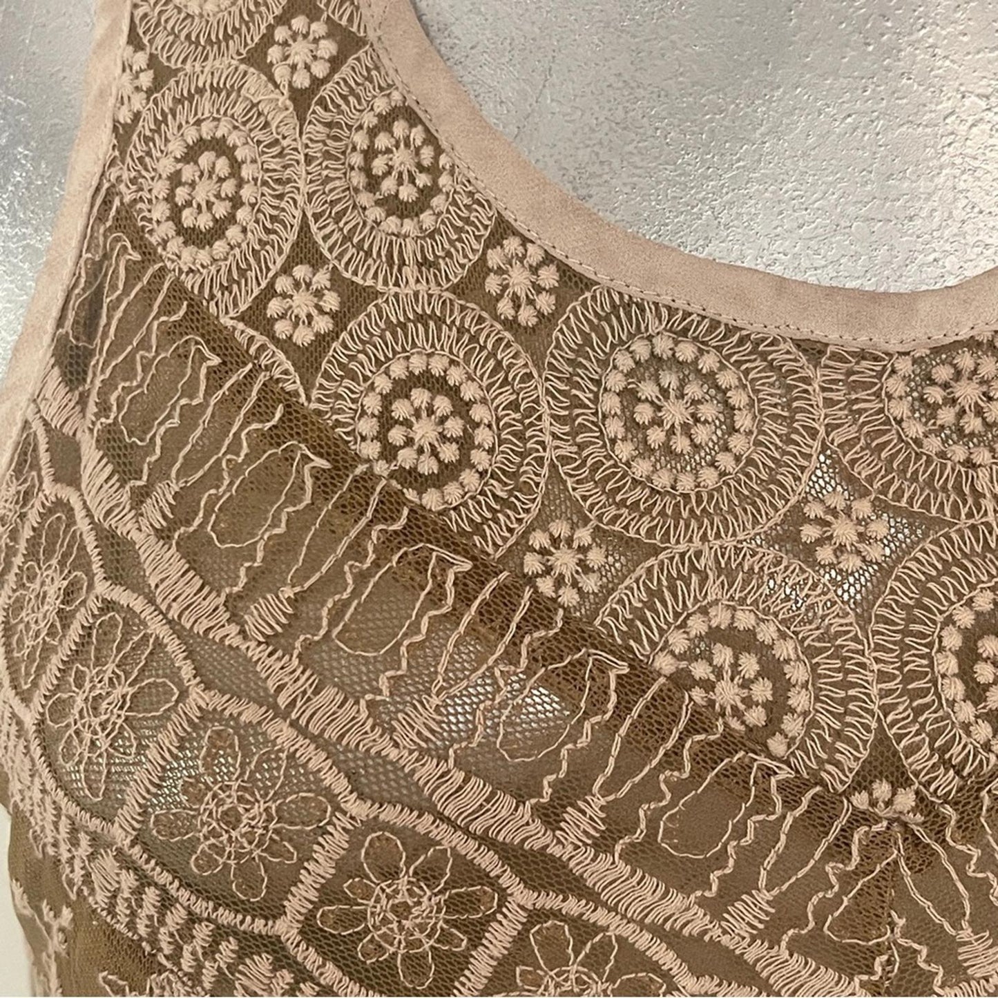 Sleeveless Crochet-Trim Taupe Tank Top