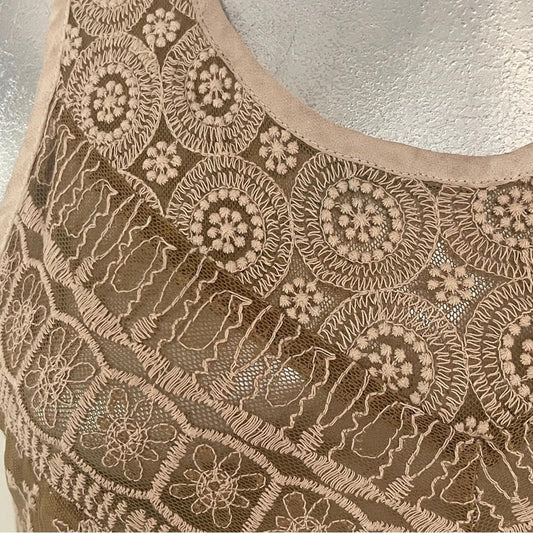 Sleeveless Crochet-Trim Taupe Tank Top