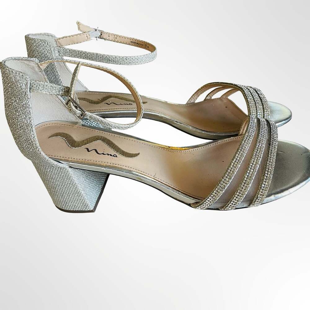 Nina Nagida Silver Glitter Rhinestone Block Heel Sandals