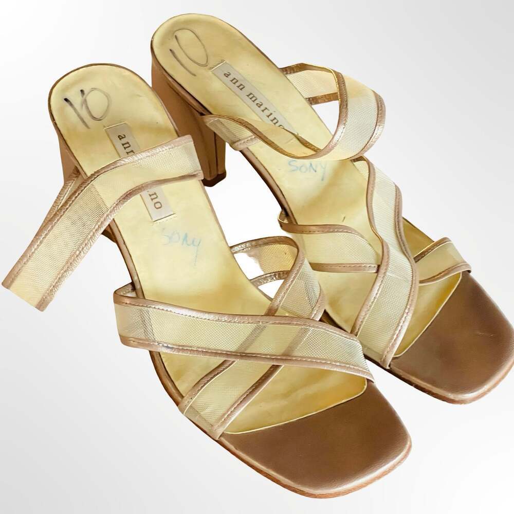 Ann Marino Vintage 90s Gold Metallic Strappy Mesh Block Heel Sandals