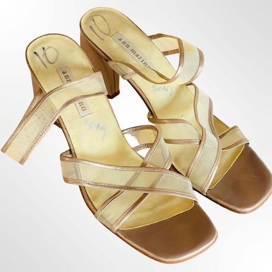 Ann Marino Vintage 90s Gold Metallic Strappy Mesh Block Heel Sandals