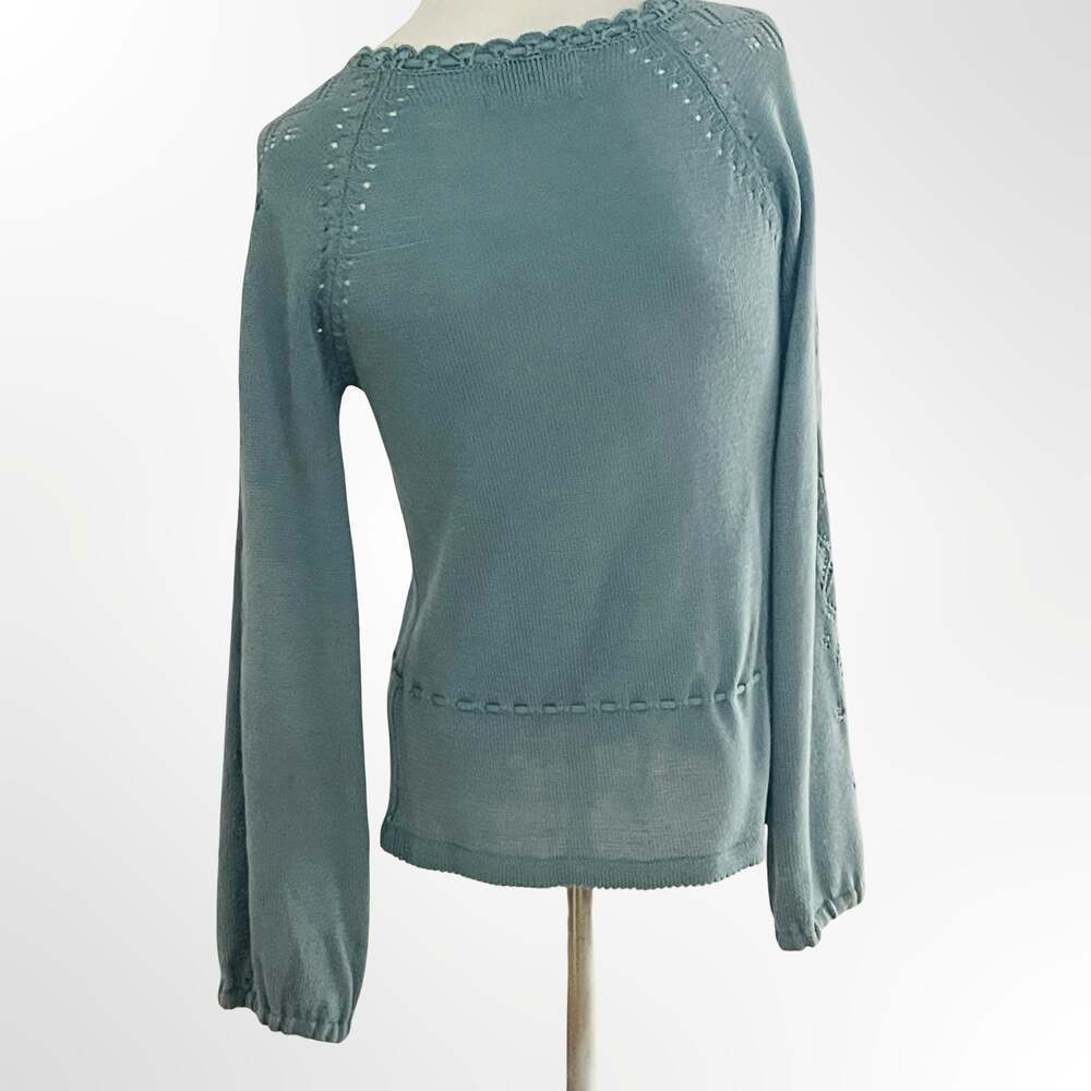 Vintage Beewear Boho Sage Green Pointelle Knit Tie-Front Peplum Top