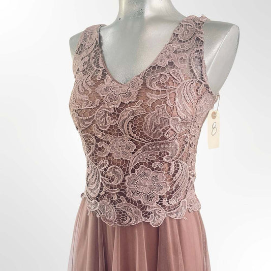 Eureka Fashion 7025 Dusty Rose Embroidered Lace Bodice Chiffon A-line Gown