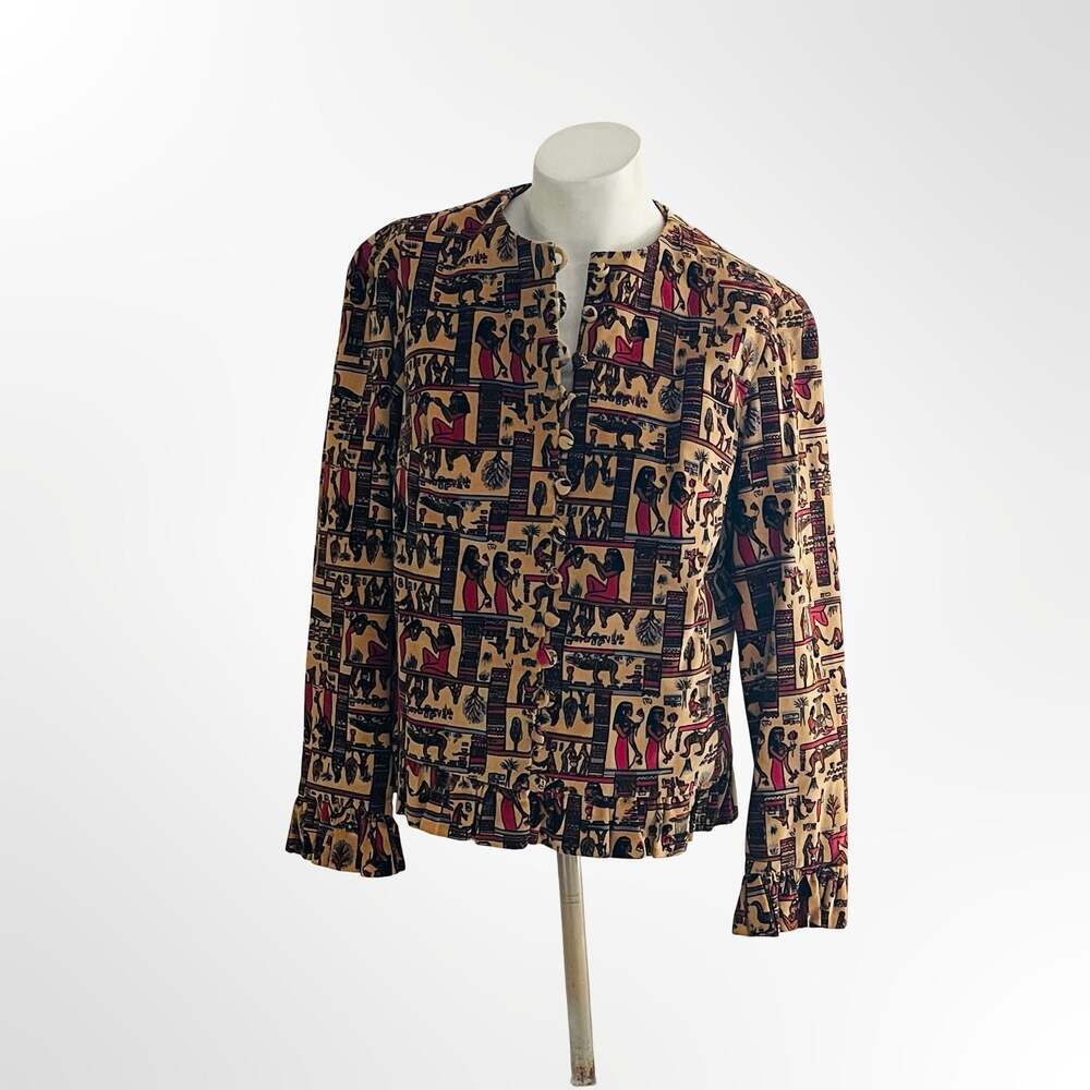 Vintage Egyptian Hieroglyphic Print Jacquard Blazer Jacket with Ruffle Hem