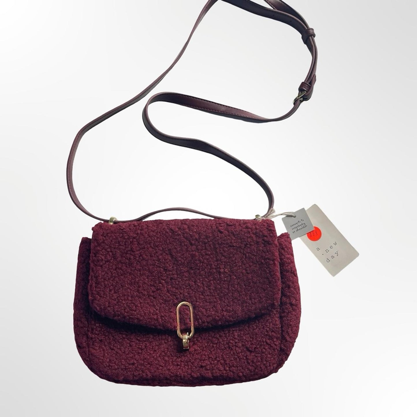 A New Day Burgundy Sherpa Crossbody Bag NWT