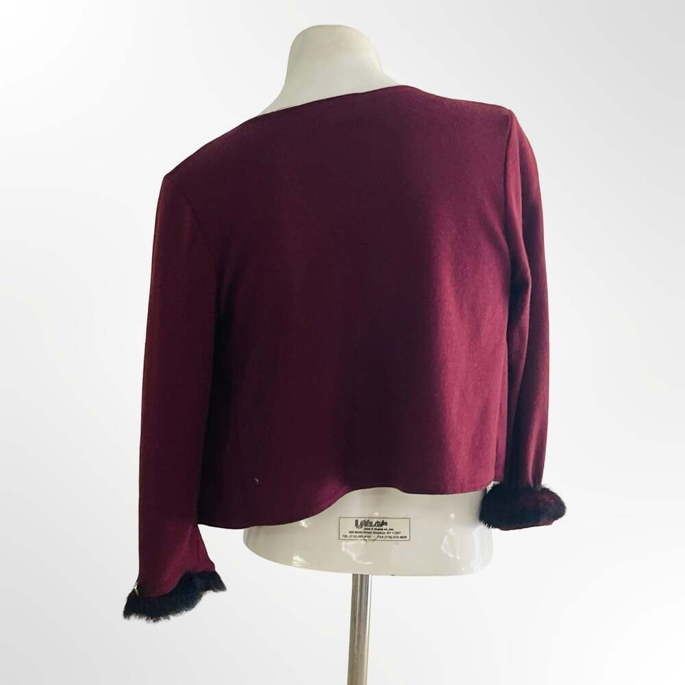 Zoe LTD Size 10 Burgundy Wool Cardigan Jacket with Faux Fur Cuffs and Pompoms