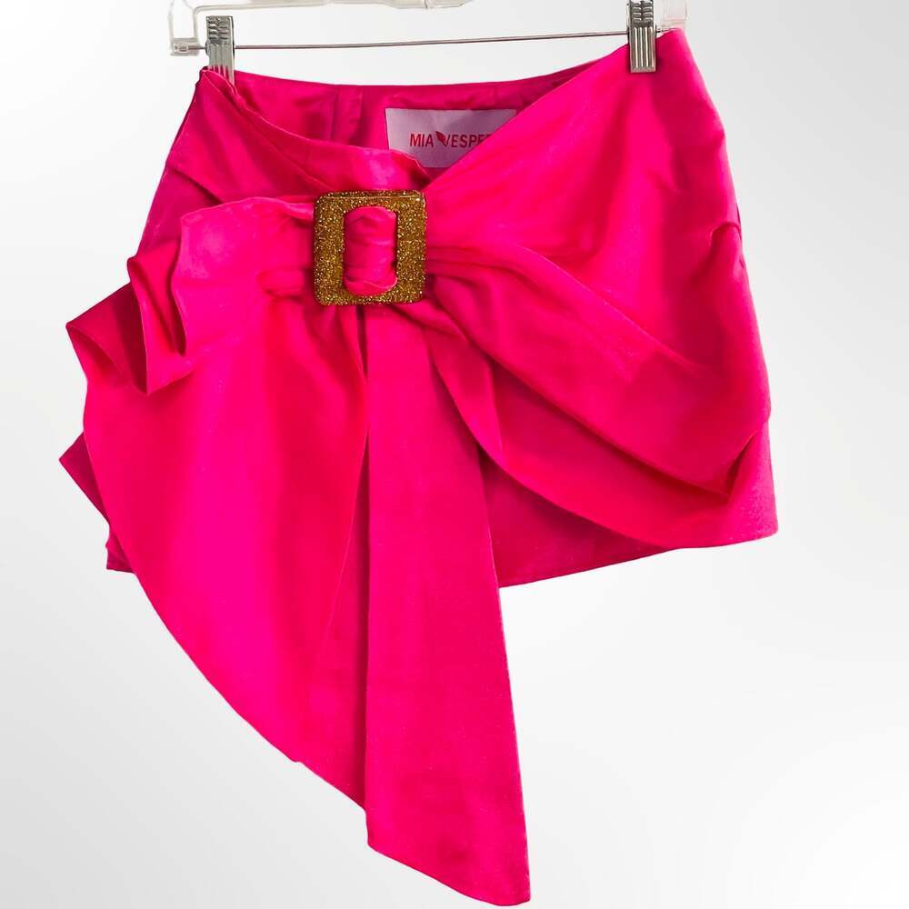 Mia Vesper Hot Pink Asymmetric Bow Mini Skirt with Gold Glitter Buckle