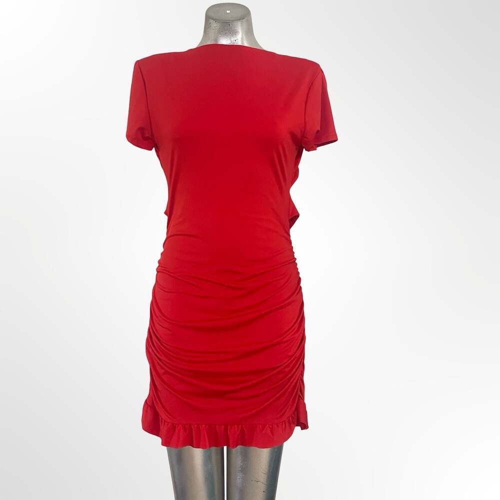 SHEIN Red Short Sleeve Ruched Bodycon Mini Dress with Cut-out and Ruffle Hem