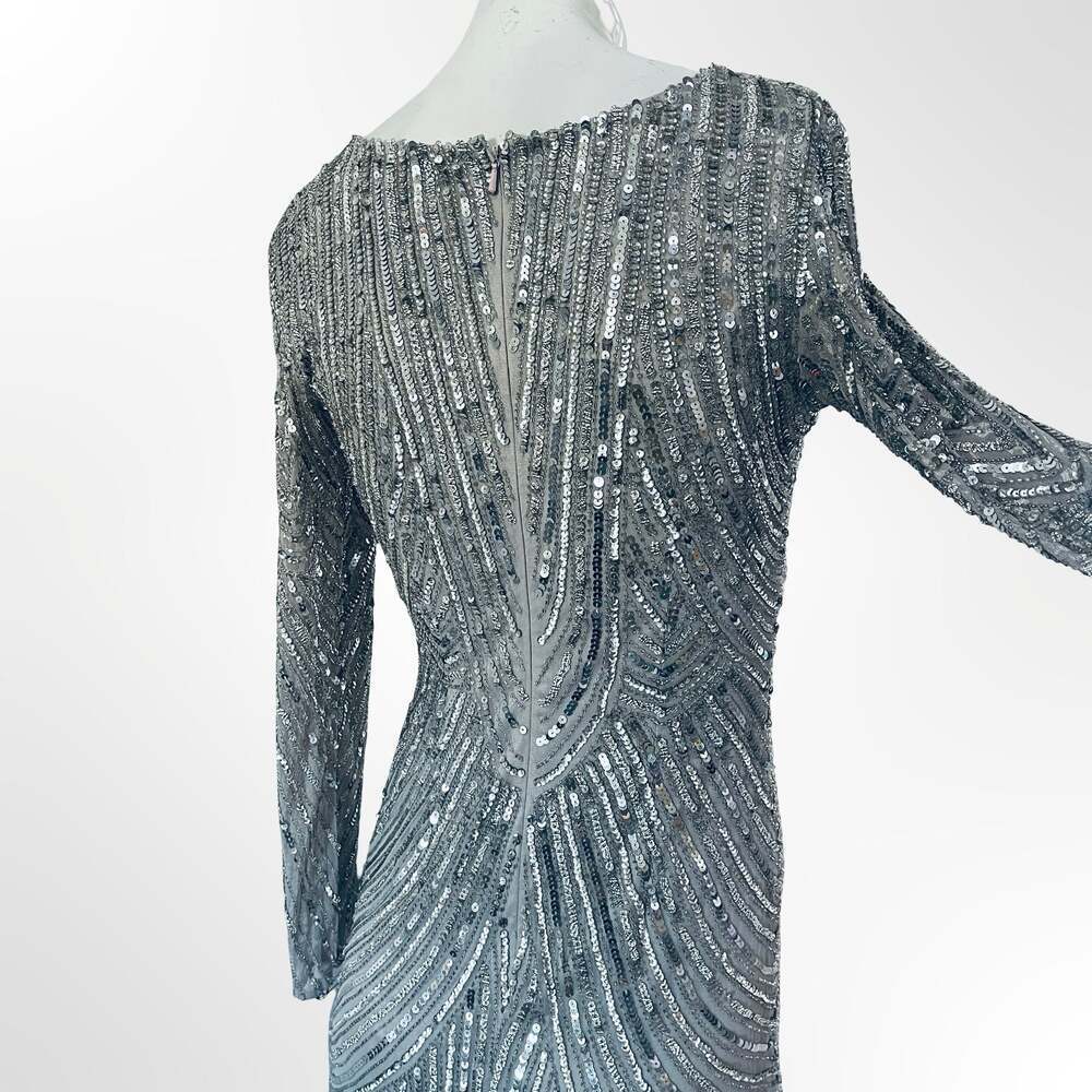 Lara 29615 Long-Sleeve Beaded Cocktail Dress in Silver