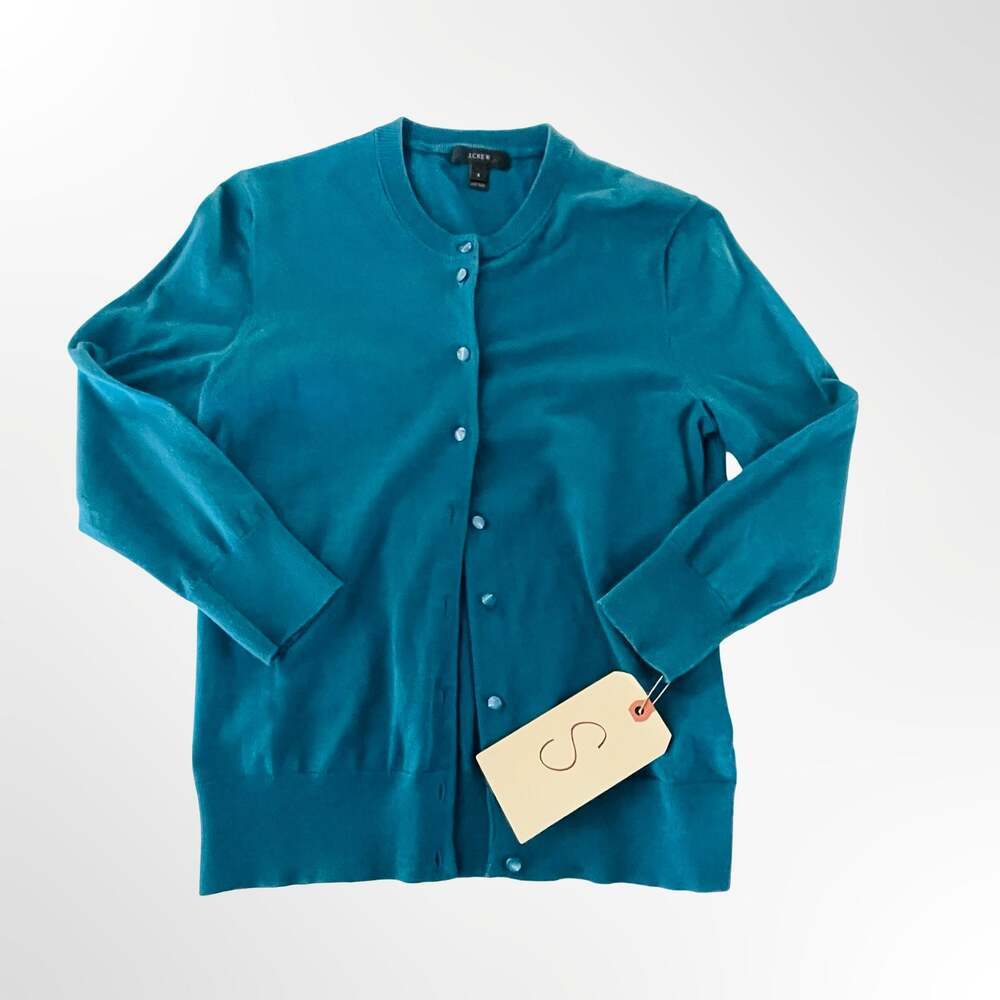 J.Crew Women's Teal Blue Button Down Crew Neck Cardigan Sweater Size S