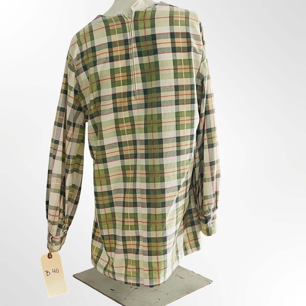 Vintage Green Plaid Long Sleeve V-Neck Babydoll Tunic Top with Pleats
