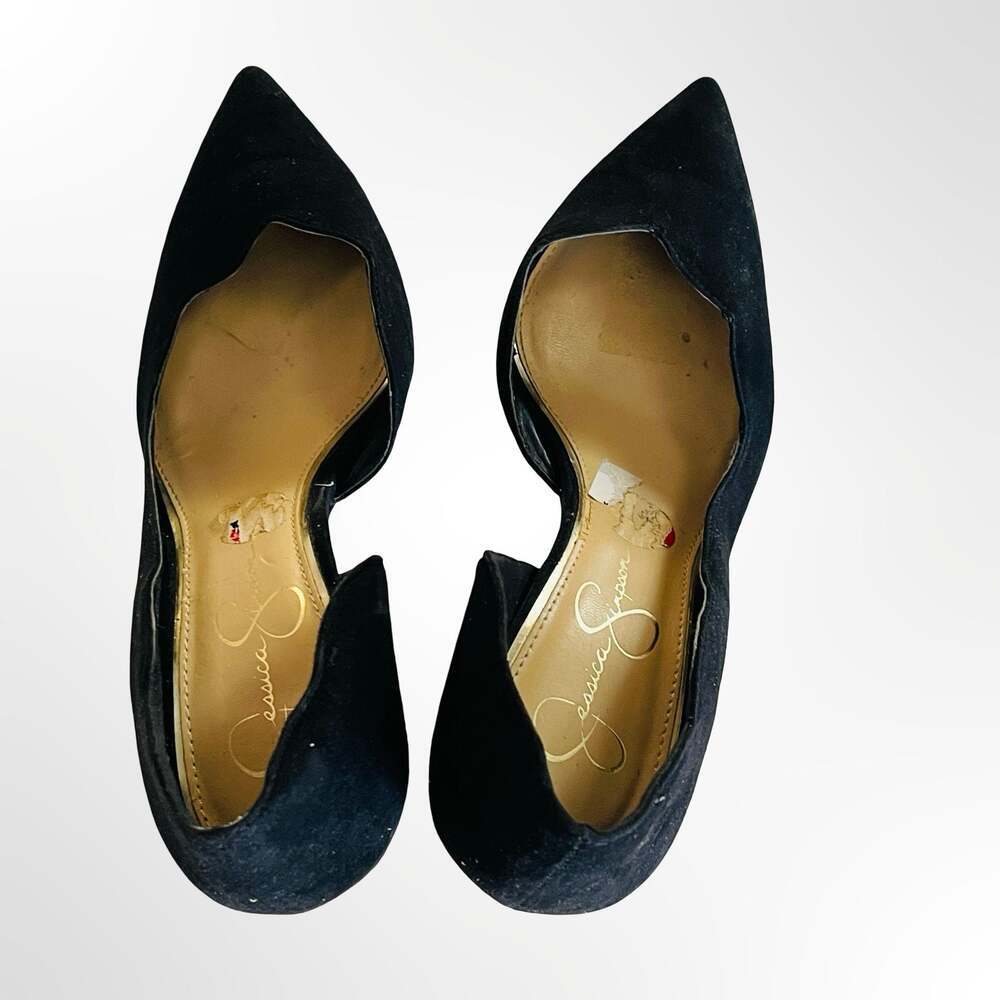 Jessica Simpson Black Suede Pointed Toe D'Orsay Scalloped Pumps