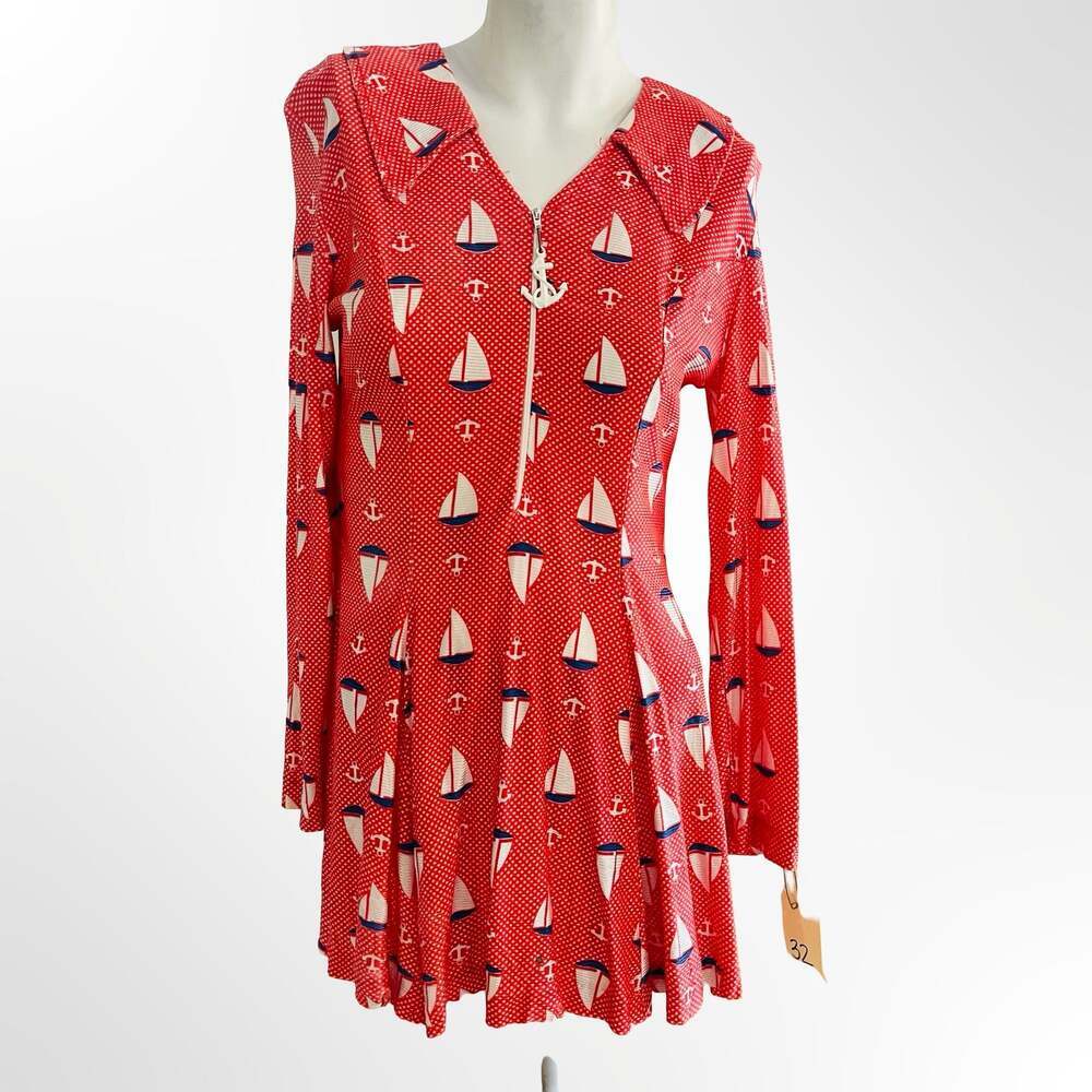 Vintage 1960s-70s Halifax Crimson Red Sailboat Anchor Print Zip Front Dress